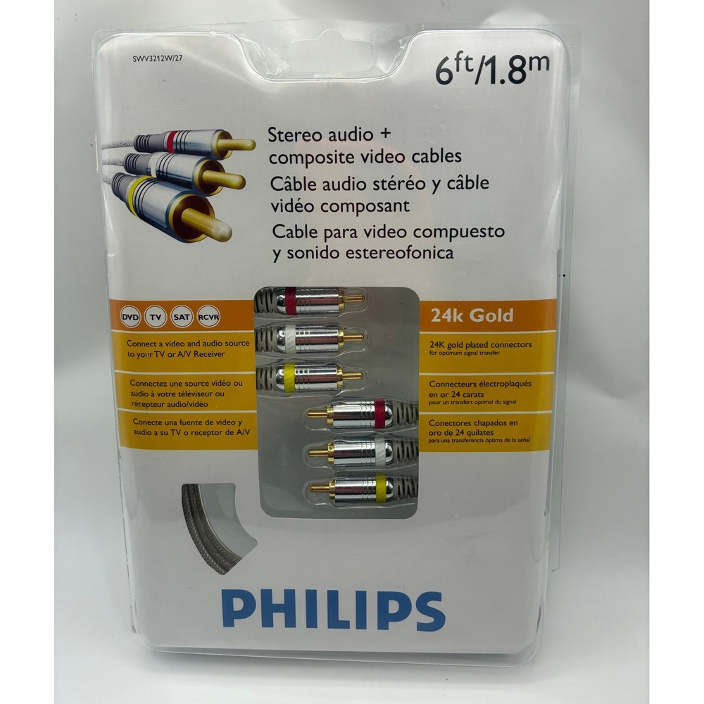 Philips Composite AV Cable 6ft Gray 24k Gold RCA Stereo Audio Video SWV3212W/27